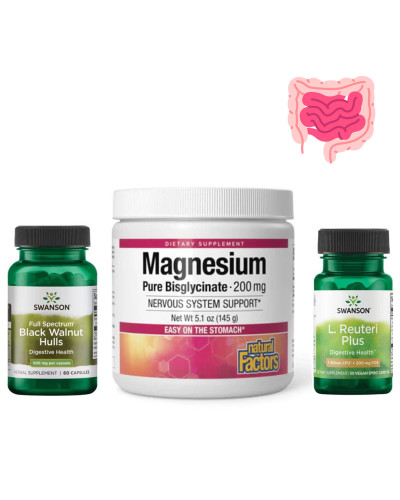 Набір 1. Баланс травлення. Magnesium Bisglycinate 200mg - 120g Pure + L. Reuteri Plus 7 billion Cfu - 30 vcaps + Black Walnut Hulls 500mg - 60caps