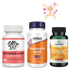Набір 29. Комплекс  для шкіри та волосся. Skin, Nails & Hair - 60 caps + Hyaluronic Acid 50 mg - 60vcaps + Vitamin C with Rose Hips 500 mg - 100 caps