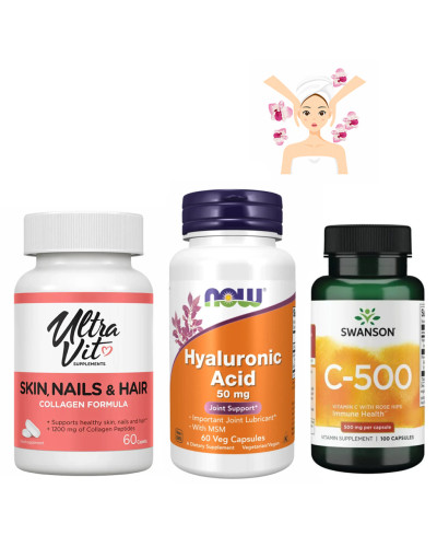 Набір 29. Комплекс  для шкіри та волосся. Skin, Nails & Hair - 60 caps + Hyaluronic Acid 50 mg - 60vcaps + Vitamin C with Rose Hips 500 mg - 100 caps