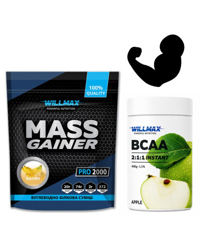 Набір 16. Набір Залізний Прогрес .(BCAA 2:1:1 400г. Яблуко + Mass Gainer 2кг Банан).