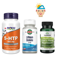 Набір 17. Сила Настрою. 5-HTP 100mg - 60 vcaps + Lithium Orotate 5mg - 60 vcaps + Lions Mane Mushroom 500mg - 60caps 