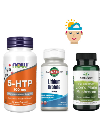 Набір 17. Сила Настрою. 5-HTP 100mg - 60 vcaps + Lithium Orotate 5mg - 60 vcaps + Lions Mane Mushroom 500mg - 60caps