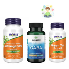 Набір 18. Спокій і концентрація. Ashwagandha 450 mg - 90 vcaps + Green Tea Extract 400mg - 100 vcaps + GABA 500 mg - 100 caps