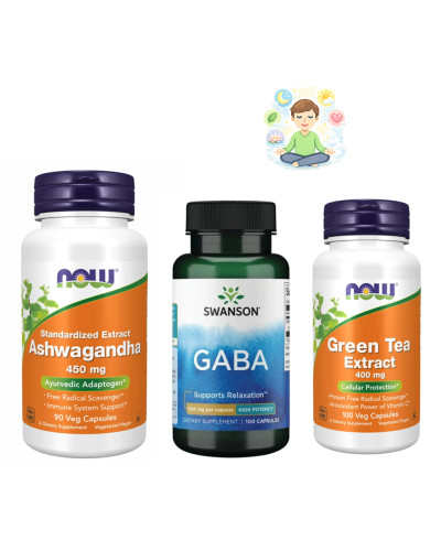 Набір 18. Спокій і концентрація. Ashwagandha 450 mg - 90 vcaps + Green Tea Extract 400mg - 100 vcaps + GABA 500 mg - 100 caps