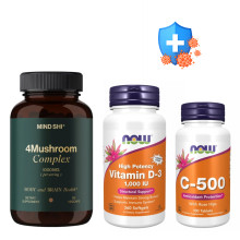 Набір 19. Сильний імунітет. 4Mushroom Complex 1000 mg - 60 vegcaps + VIT D-3 1000 IU Chewable Fruity - 180 loz + C-500 RH - 100 tabs 