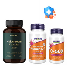 Набір 19. Сильний імунітет. 4Mushroom Complex 1000 mg - 60 vegcaps + VIT D-3 1000 IU Chewable Fruity - 180 loz + C-500 RH - 100 tabs 