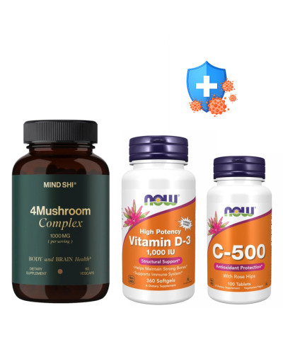 Набір 19. Сильний імунітет. 4Mushroom Complex 1000 mg - 60 vegcaps + VIT D-3 1000 IU Chewable Fruity - 180 loz + C-500 RH - 100 tabs