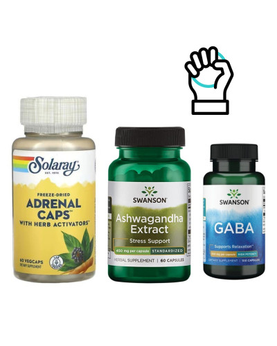 Набір 2. Антистрес баланс. Adrenal 170mg - 60 vcaps + GABA 500 mg - 100 caps + Ashwagandha Extract Standardized 450mg - 60 caps