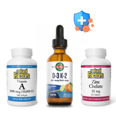 Набір 20.Супер імунітет (Vitamin A 3000mcg 10000IU - 180 softgels+Zinc Chelate 25mg - 90 tabs+Вітамін Д3 та К2, D3 K2 DropIns 125mcg - 2 oz Citrus).