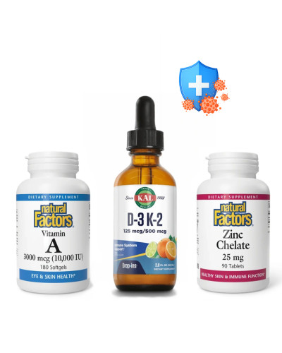 Набір 20.Супер імунітет (Vitamin A 3000mcg 10000IU - 180 softgels+Zinc Chelate 25mg - 90 tabs+Вітамін Д3 та К2, D3 K2 DropIns 125mcg - 2 oz Citrus).