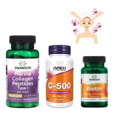 Набір 23. Краса та Догляд (Marine Collagen Peptides Type I Featuring Morikol 500mg + Вітамін C-500 RH - 100 tabs + Biotin 5000mcg - 30 caps).