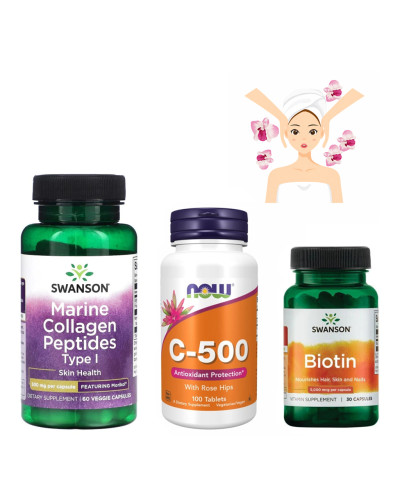 Набір 23. Краса та Догляд (Marine Collagen Peptides Type I Featuring Morikol 500mg + Вітамін C-500 RH - 100 tabs + Biotin 5000mcg - 30 caps).