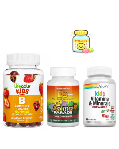 Набір 25. Дитячий комплекс. B Complex Vitamin C Kids - 60 gummies + Kids Vit D3 Chewable 500 IU - 90 tabs + Kids Vitamins & Minerals - 60 chewables Black Cherry