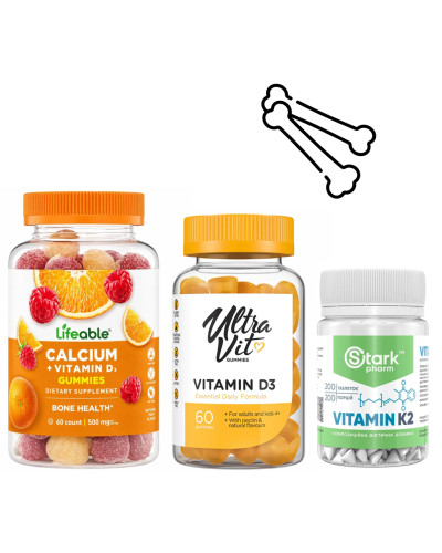 Набір 27. Міцність кісток. Calcium  Vitamin D Adult - 60 gummies + Vitamin D3 - 60 gummies + Vitamin K-2 - 200 tabs