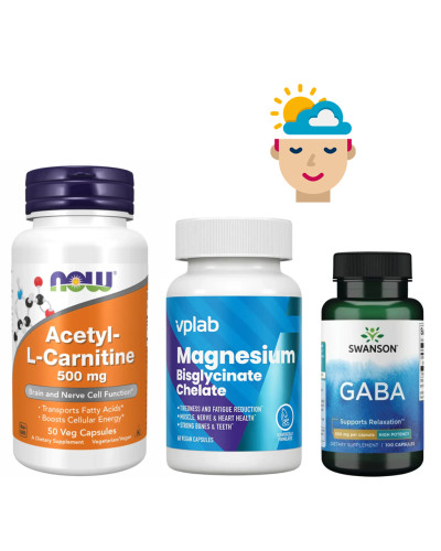 Набір 28. Розум без стресу. Acetyl L-Carnitine 500mg - 50 vcaps + Magnesium Bisglycinate - 60 caps + GABA 500 mg - 100 caps