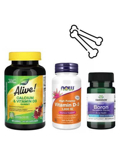 Набір 3. Міцні кістки. Calcium D3 Gummy 60 ct (HFS) + VIT D-3 1000 IU Chewable Fruity - 180 loz + Boron Boroganic Glycine 6mg - 60caps