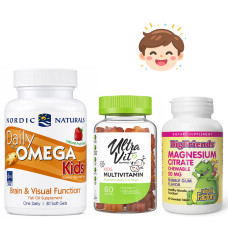 Набір 31. Дитячий баланс щодня. Daily Omega Kids - 30 softgels Natural Fruit + Kid's Multivitamin - 60 gummies + Magnesium Citrate 50mg - 60 tabs Bubble Gum 