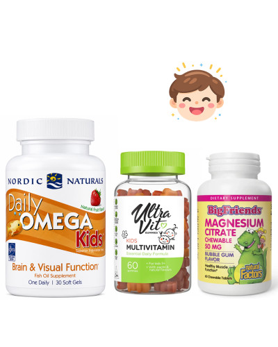 Набір 31. Дитячий баланс щодня. Daily Omega Kids - 30 softgels Natural Fruit + Kid's Multivitamin - 60 gummies + Magnesium Citrate 50mg - 60 tabs Bubble Gum