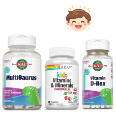 Набір 32. Ріст та захист для дітей. MultiSaurus - 60 chewable Mixed Berry + Kids Vitamins & Minerals - 60 chewables Black Cherry + Vitamin D-Rex 10mcg - 90 сhewable Bubble Gum 