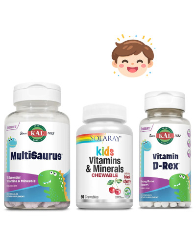 Набір 32. Ріст та захист для дітей. MultiSaurus - 60 chewable Mixed Berry + Kids Vitamins & Minerals - 60 chewables Black Cherry + Vitamin D-Rex 10mcg - 90 сhewable Bubble Gum