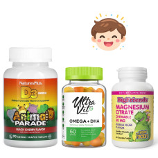 Набір 33. Дитячий розвиток та спокій. Kids Vit D3 Chewable 500 IU - 90 tabs + Omega 3 , DHA 60 gummies + Magnesium Citrate 50mg - 60 tabs Bubble Gum 