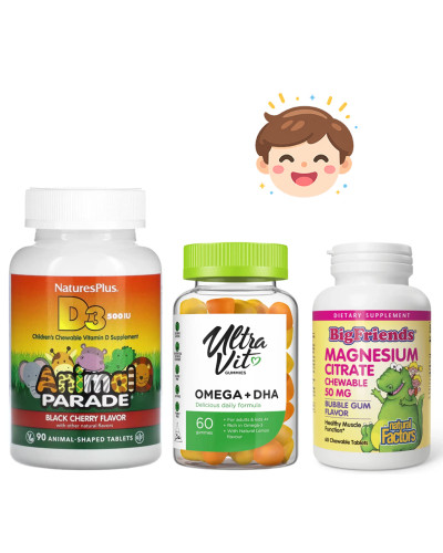 Набір 33. Дитячий розвиток та спокій. Kids Vit D3 Chewable 500 IU - 90 tabs + Omega 3 , DHA 60 gummies + Magnesium Citrate 50mg - 60 tabs Bubble Gum