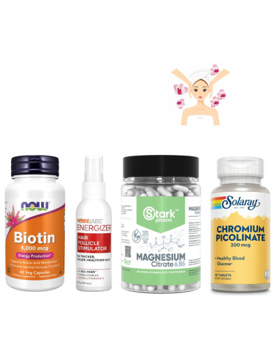 Набір 36. Баланс краси і здорове волосся. BIOTIN 5000mcg - 60 vcaps + Hair Follicle Stimulator - 59 ml + Magnesium B6 - 120caps + Chromium Picolinate 200mcg - 50 tabs