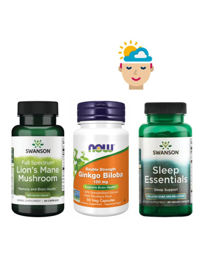 Набір 39. Баланс мозку і сну. Lions Mane Mushroom 500mg - 60caps + Ginkgo Biloba 120mg - 50 vcaps + Sleep Essentials - 60 Veg Caps Per Bottle