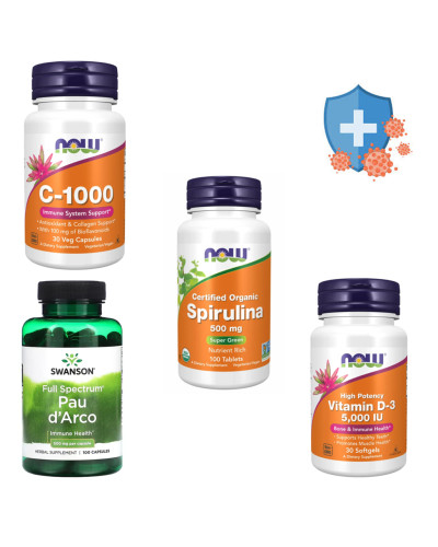 Набір 40. ТОП набір для імунітету. Vitamin C-1000 - 30 vcaps + VIT D-3 5000 IU - 30 sgels + Pau d'Arco 500 mg - 100caps + Spirulina 500 mg - 100 tabs