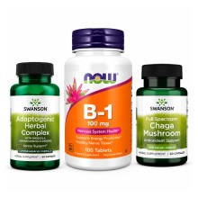 Набір 45. Бескінечна енергія. Adaptogenic Herbal Complex (Rhodiola Ashwagandha Ginseng) - 60caps + B-1 100mg - 100 tabs + Full Spectrum Chaga Mushroom 400 mg - 60 caps