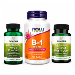 Набір 45. Бескінечна енергія. Adaptogenic Herbal Complex (Rhodiola Ashwagandha Ginseng) - 60caps + B-1 100mg - 100 tabs + Full Spectrum Chaga Mushroom 400 mg - 60 caps