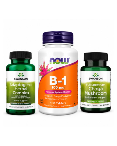 Набір 45. Бескінечна енергія. Adaptogenic Herbal Complex (Rhodiola Ashwagandha Ginseng) - 60caps + B-1 100mg - 100 tabs + Full Spectrum Chaga Mushroom 400 mg - 60 caps