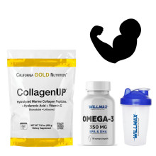 Набір 9. Топ набір для КІСТОК. CollagenUP California Gold Nutrition 206 г - морський колаген, гіалуронова кислота, вітамін C + WILLMAX ОМЕГА 3, 1000 мг, 90 капс + Шейкер спортивний 400мл