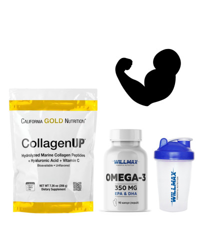 Набір 9. Топ набір для КІСТОК. CollagenUP California Gold Nutrition 206 г - морський колаген, гіалуронова кислота, вітамін C + WILLMAX ОМЕГА 3, 1000 мг, 90 капс + Шейкер спортивний 400мл