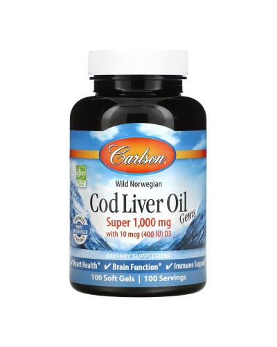 Риб'ячий жир з печінки тріски, Cod Liver Oil Super 1000mg - 100 softgels