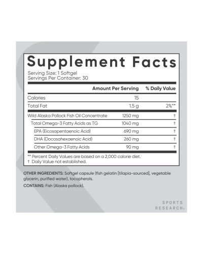 Омега 3, Omega-3 Fish Oil Alaska Pollock 1250mg - 30 softgels