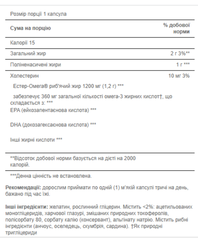 Омега-3, Omega-3 Fish Oil 1200 mg (360 mg Active Omega-3) - 100 Softgels