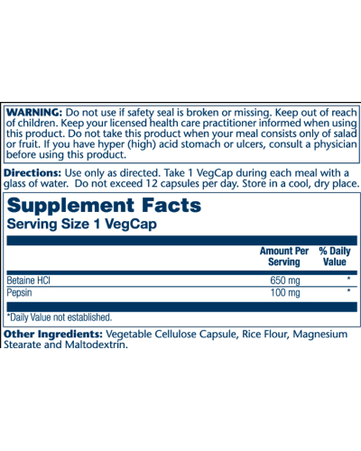 Бетаїн Гідрохлорид з Пепсином, High Potency Betain HCl with Pepsin 650мг - 100 vcaps