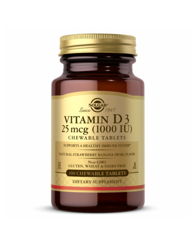 Вітамін Д3, Vitamin D3 25 mcg (1000 IU) Chewable Strawberry Banana Swirl - 100 Chewables