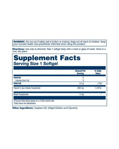 Вітамін E з токоферолами, Vitamin E d-Alpha Tocopherol 268mg - 50 softgels