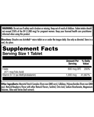 Фолієва кислота та метил Б12, Folic Acid Methyl B-12 800mcg - 60 tabs Raspberry