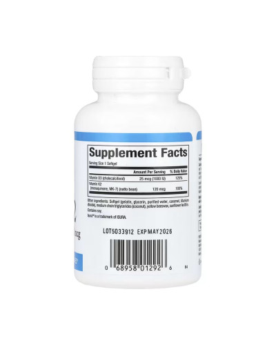 Vitamin D3 & K2 25 mcg (1000 IU) & 120 mcg - 60 softgels