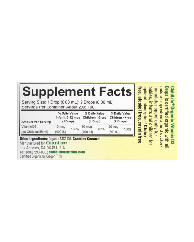 Органічний вітамін Д3 для немовлят та дітей 400 IU, Organic Vitamin D3 Drops - 6.25 ml