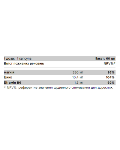 Цинк, Магній та вітамін Б6, ZMB - 60caps