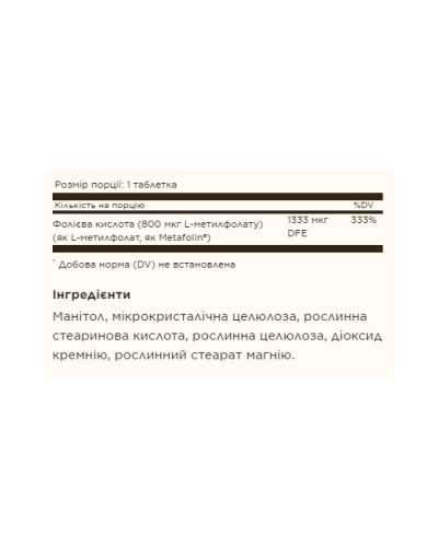 Фолат, Folate 1,333 MCG DFE (Metafolin® 800 mcg) - 100 tabs